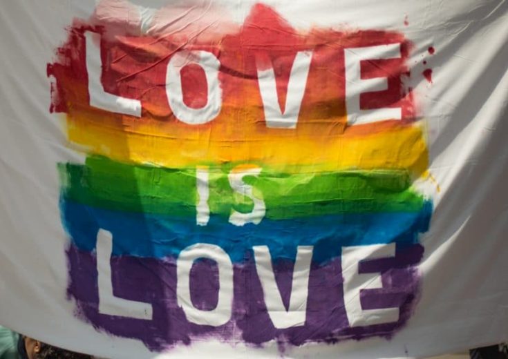 love is love rainbow flag with a white background for pride month