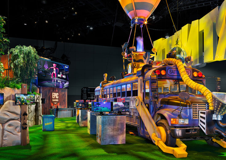 Epic Games Fortnite at E3 2018 Yellow School Bus Trade Show Booth