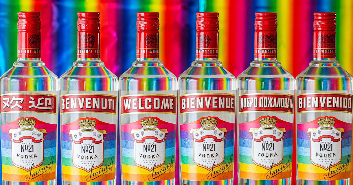 smirnoff vodka bottles in different languages on a rainbow background for the attention economy
