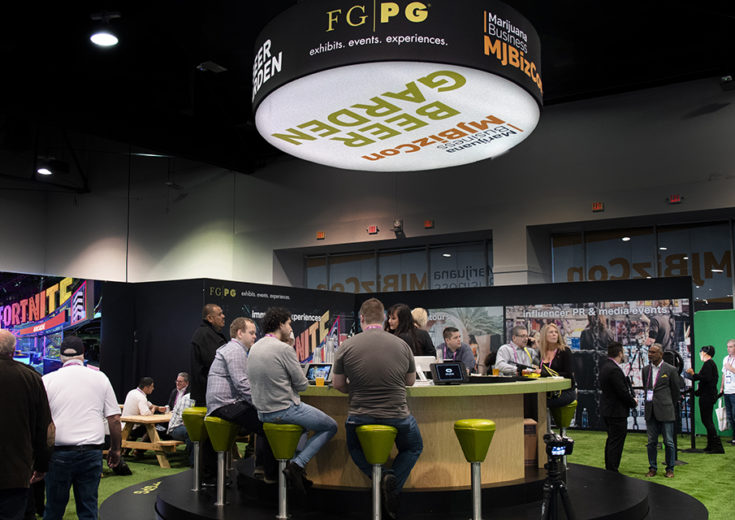 Image of audience sitting at the beer garden exhibit bar that FGPG built at the MJbizcon event 2019