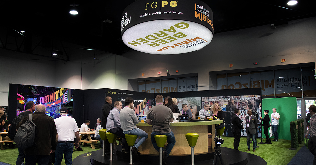 Image of audience sitting at the beer garden exhibit bar that FGPG built at the MJbizcon event 2019