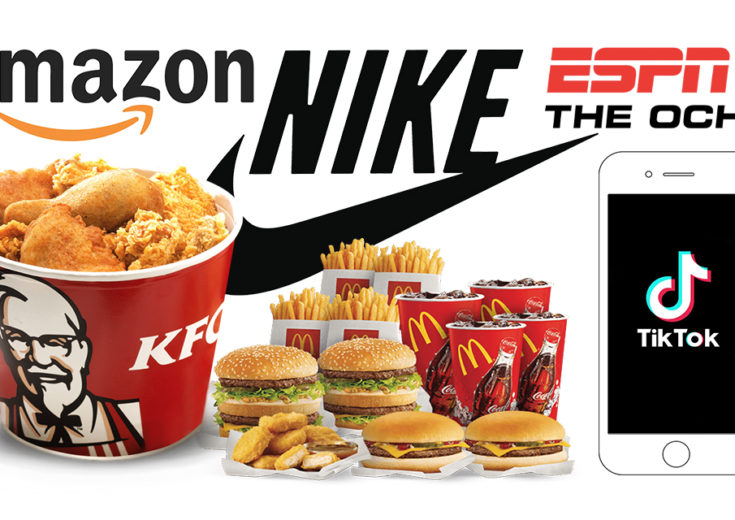 graphic with white background and major brands like kfc, amazon, nike,mcdondalds, tik tok and ESPN products and logos displayed