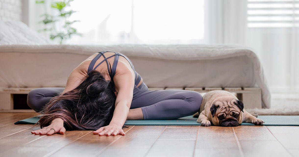 Graphic of yoga instructor on her yoga mat with her dog giving tips on health and wellness