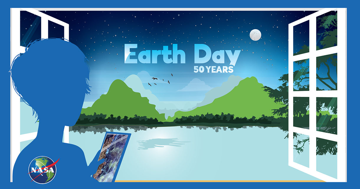 Earth day graphic of avater looking out the window to a horizon of mountains, bay, and sky with the words earth day above