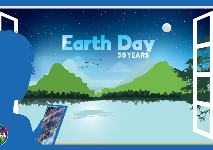 Earth day graphic of avater looking out the window to a horizon of mountains, bay, and sky with the words earth day above