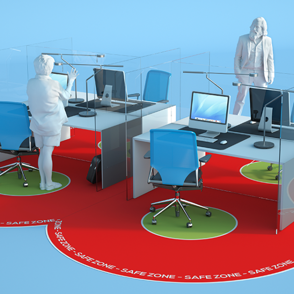 Animation of office workers socially distanced post covid