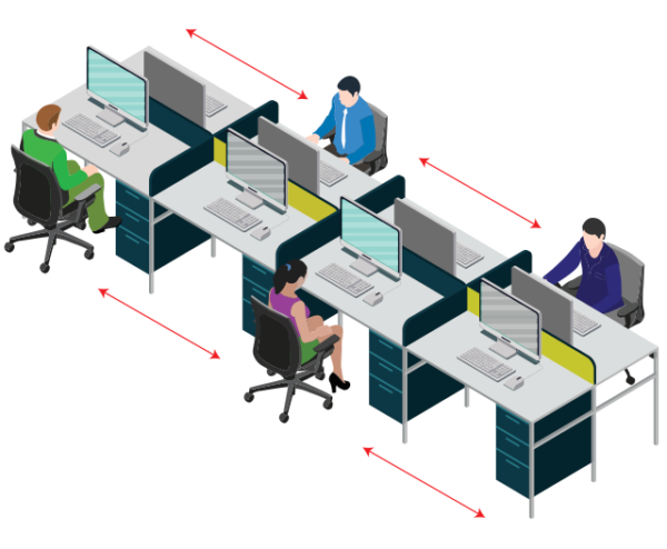 Animation of team members working in a socially distanced cubicle post-covid