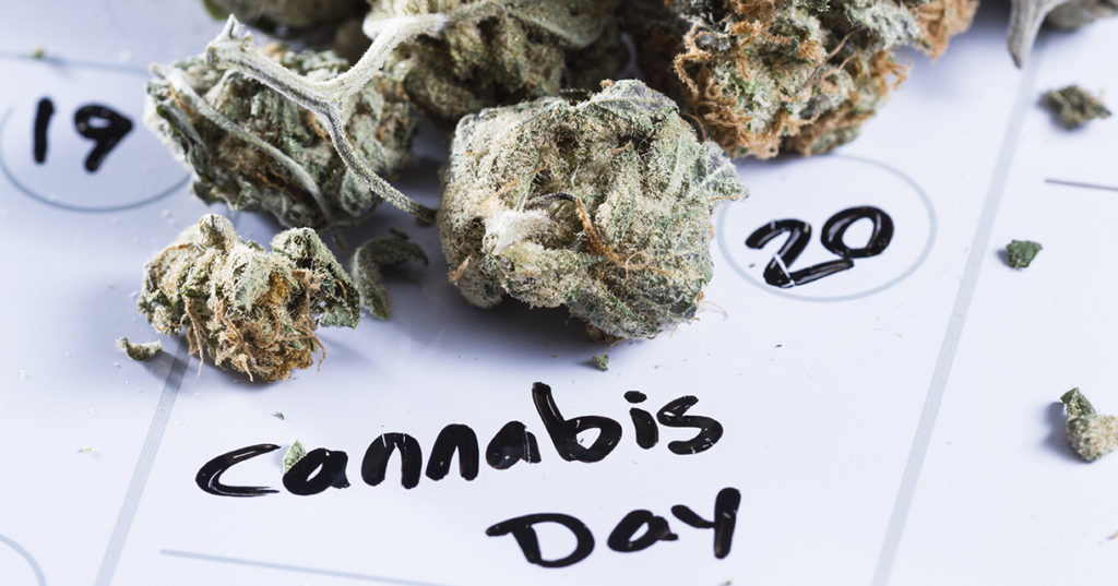 cannabis product on top of a calendar that indicates April 20th as "cannabis day"