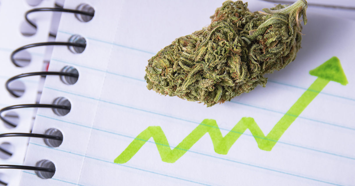 piece of cannabis on a piece of lined notebook paper, with a drawing of an upward moving stock arrow