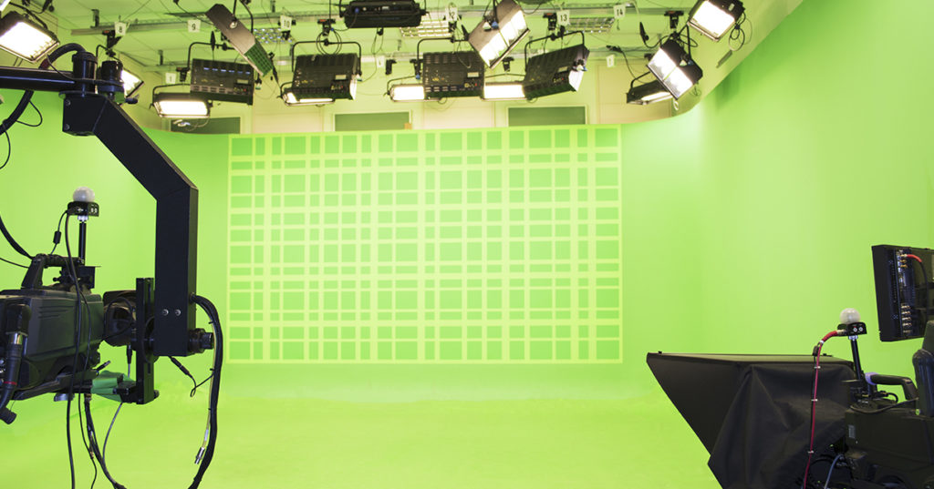 Green screen broadcast stage with cameras for virtual experiential marketing 