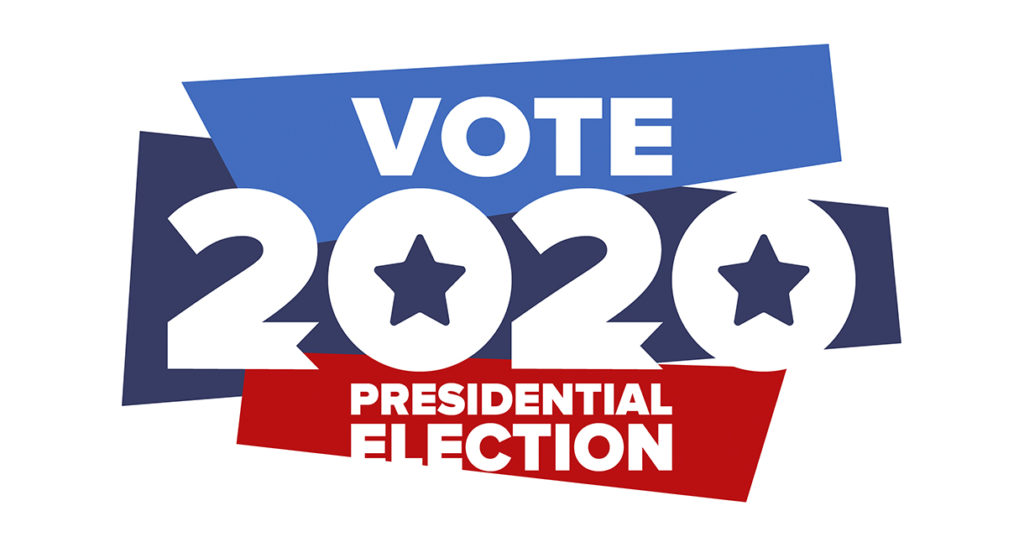 Stylized logo reading "Vote 2020 Presidential Election" and experiments with entertainment