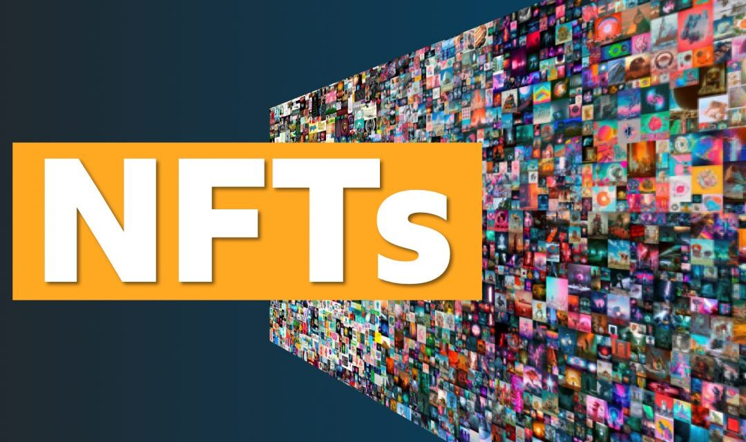 Graphic of the acronyms NFTS with a yellow highlight and a background with a collage of different nft artworks