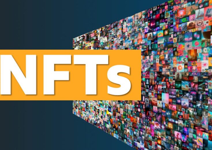 Graphic of the acronyms NFTS with a yellow highlight and a background with a collage of different nft artworks