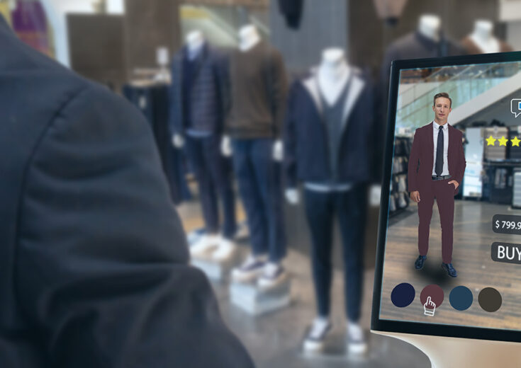 FGPG imge of a consumer using their tablet to scroll through color variations of a suit at a retail store via QR VR and AR