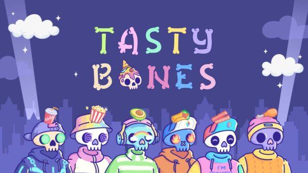 graphic of a collection of tasty bones NFTs with a purple background and clouds