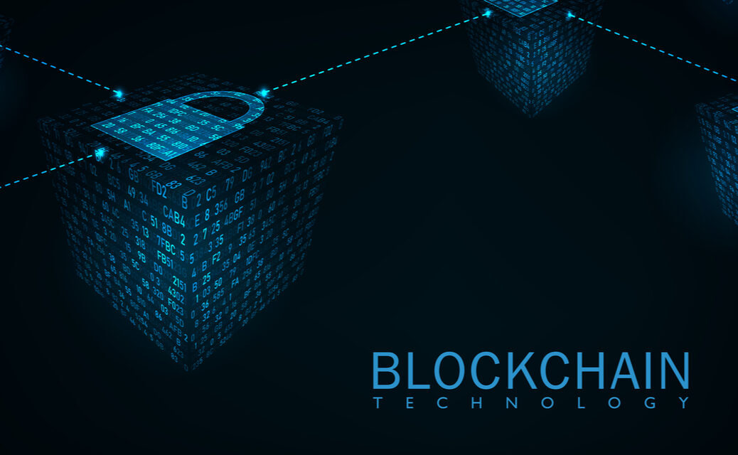 graphic of text saying blockchain technology and an animation of blockchain in the blue background