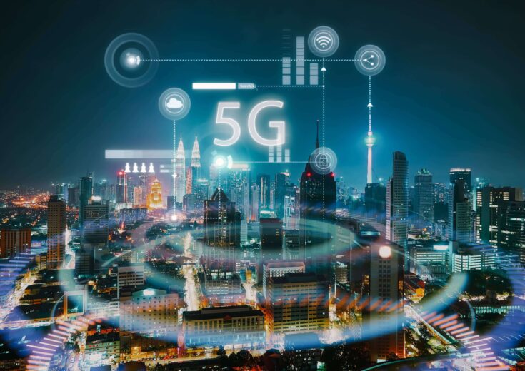 Illustration of a city with 5G in the sky and a signal surrounding the city representing the 5G technology network