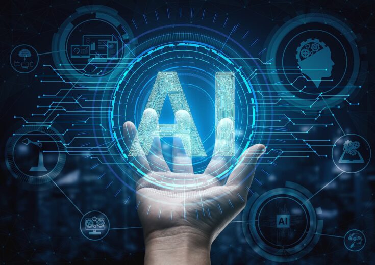 illustration of a hand holding out the words text AI representing artificial intelligence technology
