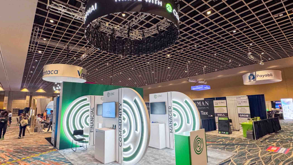 technology trade show booth with led lights and modern design